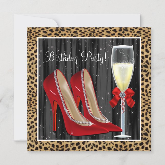 Cocktails Red High Heel Shoes Leopard Birthday Invitation (Front)