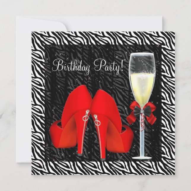 Cocktails Red High Heel Shoes Zebra Birthday Invitation (Front)