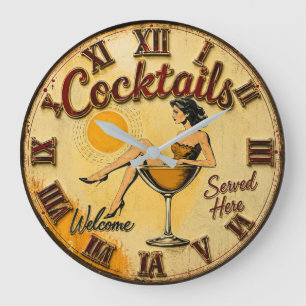 Cocktails Served Here Vintage Pin-Up Martini Bar D Large Clock
