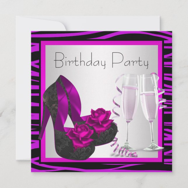 Cocktails Shoes Womans Purple Zebra Birthday Party Invitation (Front)