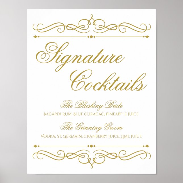 Cocktails Wedding Sign | Gold Swirl Calligraphy (Front)