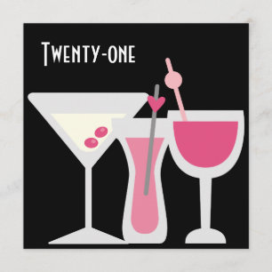 Cocktails Womans Pink Black 21st Birthday Party Invitation