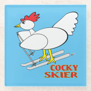 Cocky Skier Glass Coaster