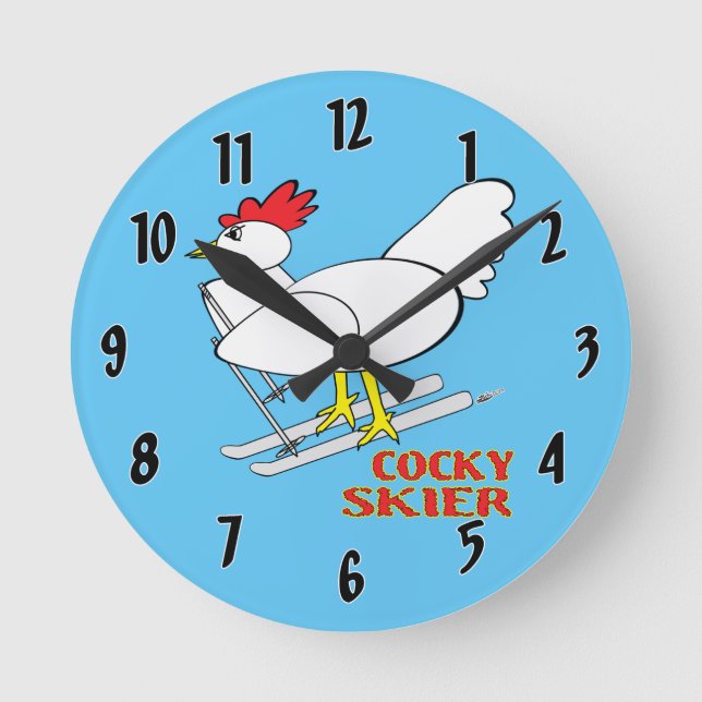 Cocky Skier Round Clock (Front)