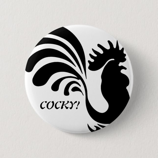 "COCKY!" Stylised Rooster Button (Front)