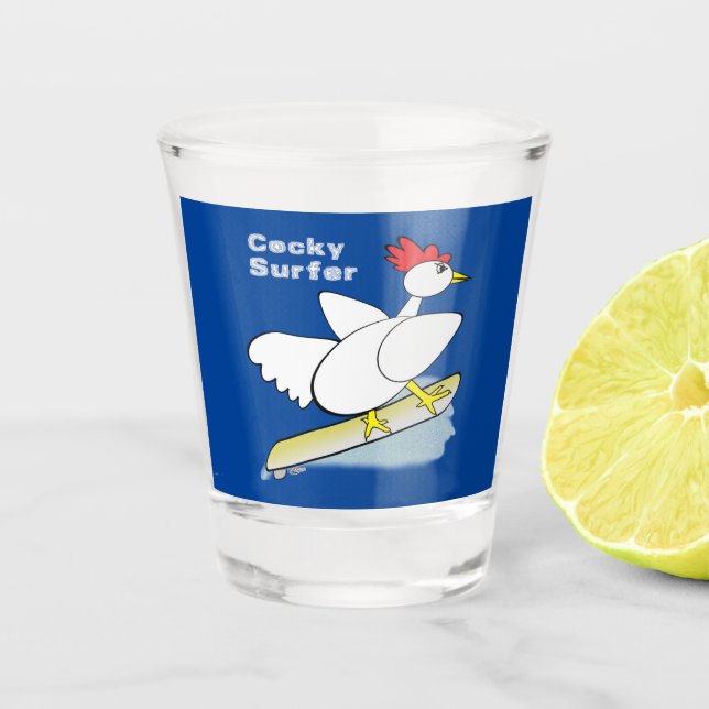 Cocky Surfer Shot Glass (Front)
