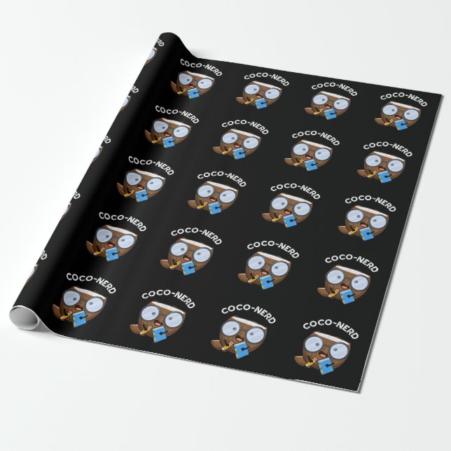 Coco-nerd Funny Fruit Coconut Pun Dark BG Wrapping Paper (Unrolled)