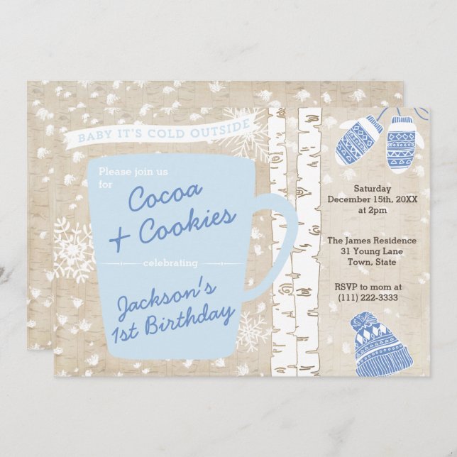 Cocoa and Cookies Rustic Forest Boy Birthday Party Invitation (Front/Back)