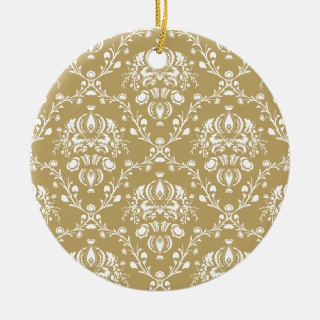 Cocoa and Cream Damask Ceramic Tree Decoration (Front)