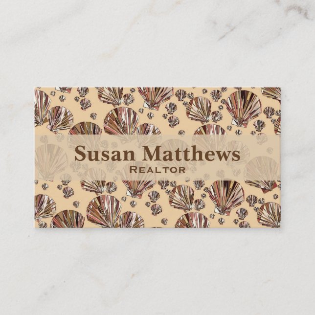 Cocoa and tan sea shells, caramel tan background business card (Front)