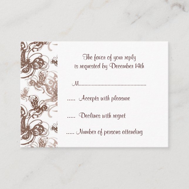Cocoa and Taupe Deco Swirl RSVP Response Card (Front)