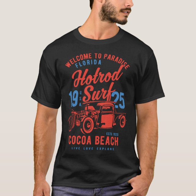 Cocoa Beach Florida Retro Hotrod Surf Distressed   T-Shirt (Front)