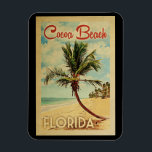 Cocoa Beach Palm Tree Vintage Travel Magnet<br><div class="desc">A uniquely retro mid-century modern Cocoa Beach Florida art print in vintage travel poster style. It features a curved palm tree on sandy beach with ocean under a blue cloudy sky.</div>