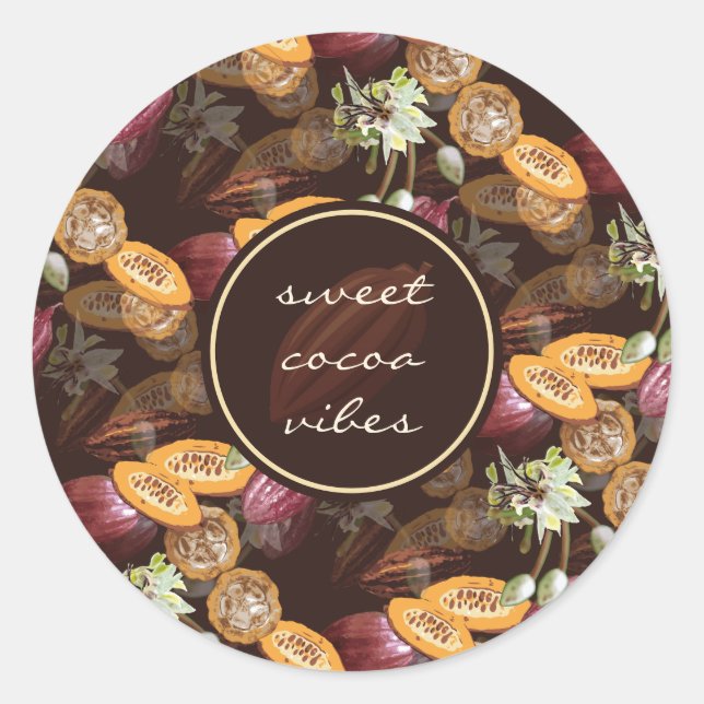 Cocoa Beans and Flowers, Chocolate Pattern Classic Round Sticker (Front)