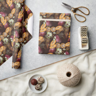Cocoa Beans and Flowers, Chocolate Pattern Wrapping Paper