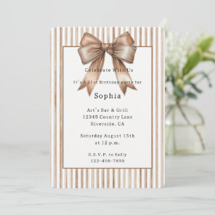 Cocoa Bow Brown Cream Stripes Birthday Invitation