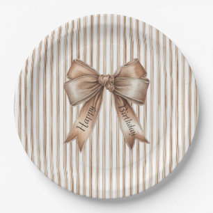 Cocoa Bow Brown Cream Stripes Birthday Paper Plate