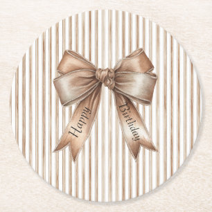 Cocoa Bow Brown Cream Stripes Birthday Round Paper Coaster