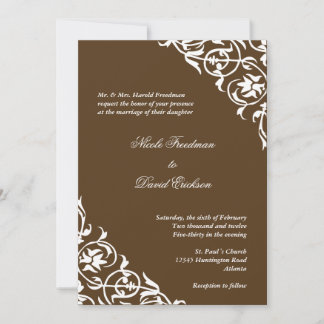 Cocoa brown corner scroll script elegant wedding invitation