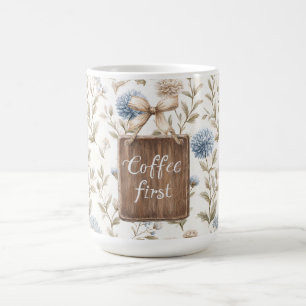 Cocoa Brown Cream Blue Flowers Coffee First   Mug