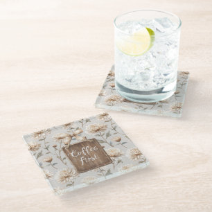 Cocoa Brown Cream Floral Coffee First Glass Coaster