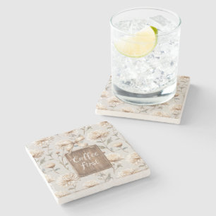Cocoa Brown Cream Floral Coffee First Stone Coaster