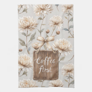 Cocoa Brown Cream Floral Coffee First Tea Towel
