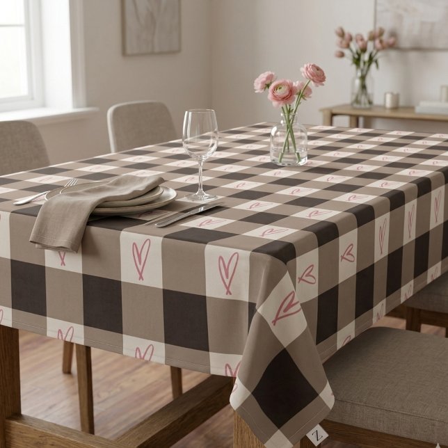Cocoa Brown Heart Gingham Check Tablecloth (Creator Uploaded)