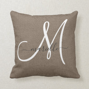 Cocoa Brown Linen Monogram Throw Pillow