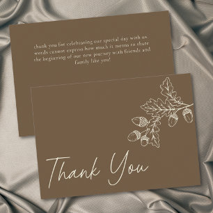 Cocoa Brown Minimalist Leaf Acorn Fall Wedding Thank You Card