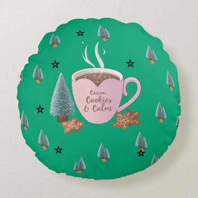 Cocoa, Cookies & Calm – Pastel Christmas CoT-Shirt Round Cushion (Front)