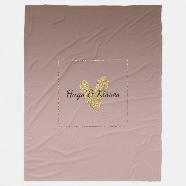 Cocoa Cream Brown Ombre Gold Glitter Heart Fleece Blanket (Front)