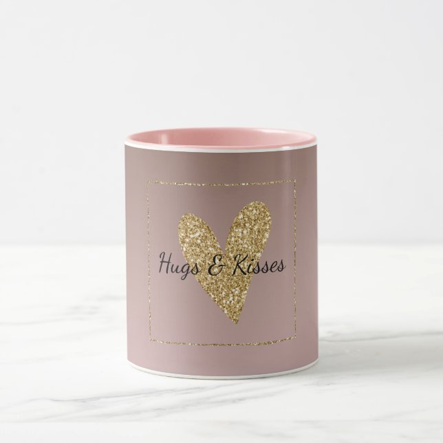 Cocoa Cream Brown Ombre Gold Glitter Heart Mug (Center)