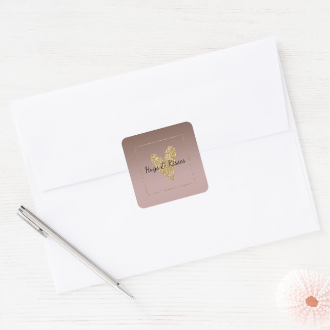 Cocoa Cream Brown Ombre Gold Glitter Heart Square Sticker (Envelope)