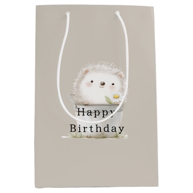 Cocoa Cream Hedgehog Daisy Flower Bucket Birthday Medium Gift Bag (Front)
