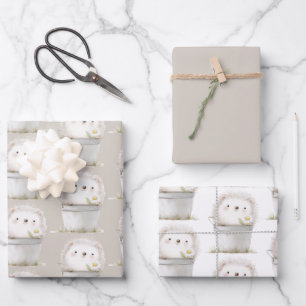 Cocoa Cream Hedgehog Daisy Flower Bucket Birthday Wrapping Paper Sheet