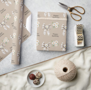 Cocoa Cream White Bow Daisy Flower Birthday Wrapping Paper