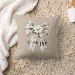 Cocoa Cream White Bow Daisy Flower Happy Cushion