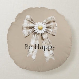 Cocoa Cream White Bow Daisy Flower Happy Round Cushion