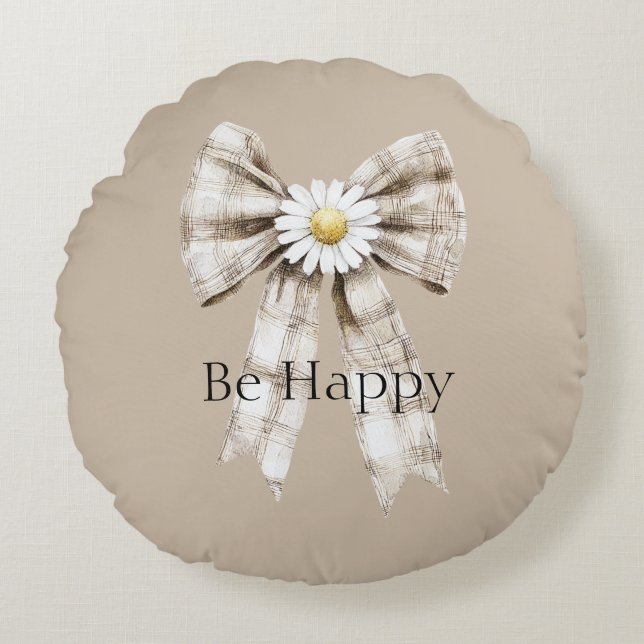 Cocoa Cream White Bow Daisy Flower Happy Round Cushion (Front)