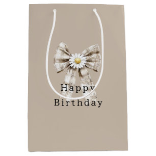 Cocoa Cream White Bow Daisy Flowers Birthday Medium Gift Bag