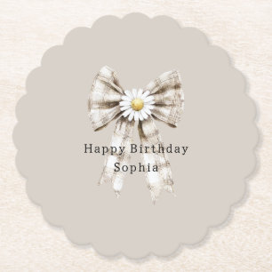 Cocoa Cream White Bow Daisy Flowers Birthday Paper Coaster