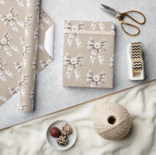 Cocoa Cream White Bow Daisy Flowers Birthday Wrapping Paper
