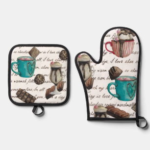 Cocoa marshmallow hot chocolate candy script oven mitt & pot holder set