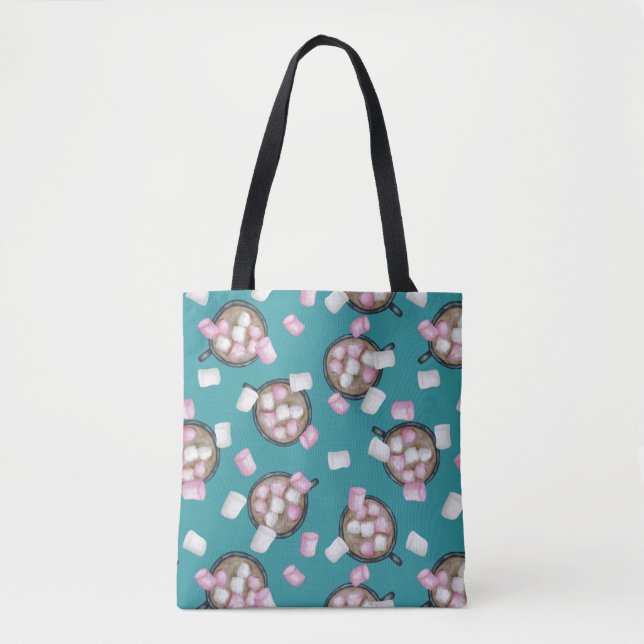 Cocoa marshmallows hot chocolate candy winter teal tote bag (Front)
