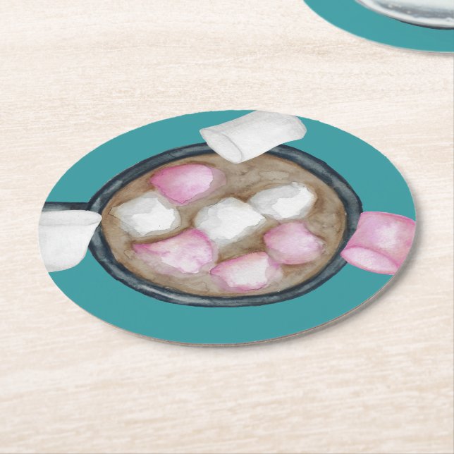 Cocoa marshmallows hot chocolate winter teal pink round paper coaster (Angled)