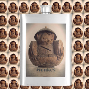 Coconut Carved Monkey Bank Retro Tiki Kitsch Hip Flask