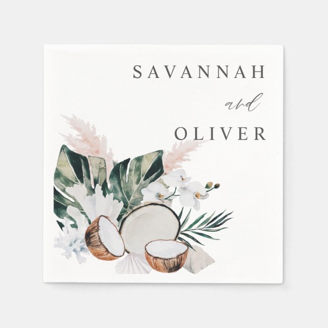 Coconut Coral & White Floral Name  Napkins (Front)