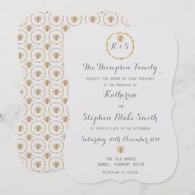 Coconut Milk White Gold Foil Golden Bees Wedding Invitation (Front/Back)