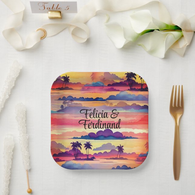 Coconut Palm Tree Colourful Coastal Sunset Paper Plate (Wedding)